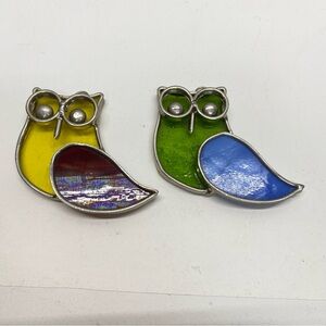 Vintage Stained Glass Owl Suncatchers Set of two Owls Loop at Top For Hanging